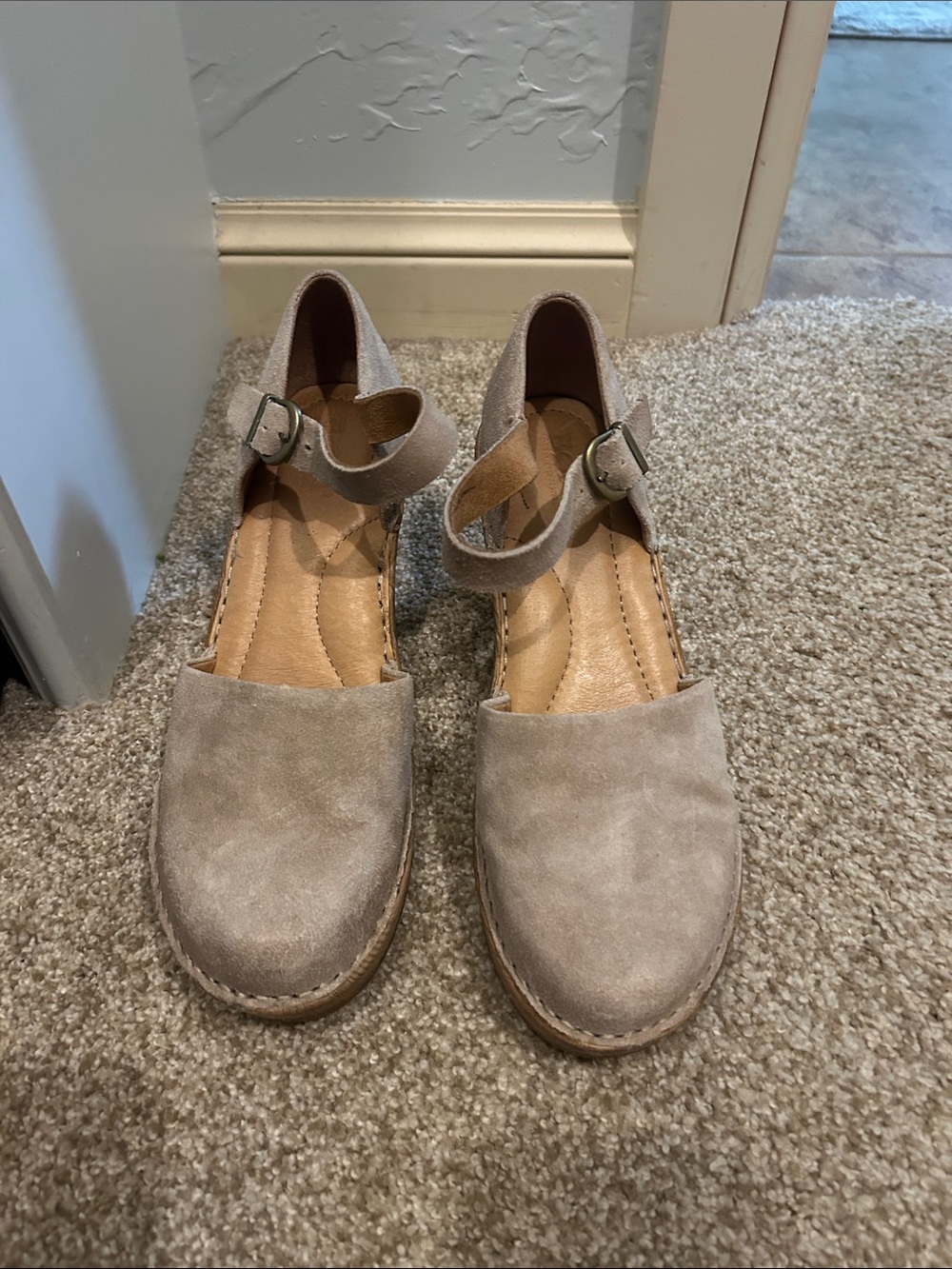 Born Suede Ankle-Strap Espadrille Heel in Taupe